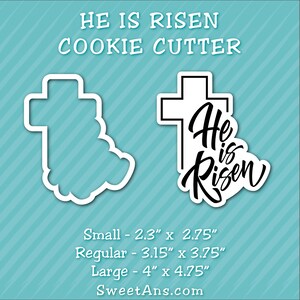 K&ouml;nnte beinhalten: Ein Ausstecher in Form eines Kreuzes mit den Worten "He is Risen" in einer stilisierten Schriftart. Der Ausstecher ist in drei Gr&ouml;&szlig;en erh&auml;ltlich: klein (2,3 Zoll mal 2,75 Zoll), normal (3,15 Zoll mal 3,75 Zoll) und gro&szlig; (4 Zoll mal 4,75 Zoll).