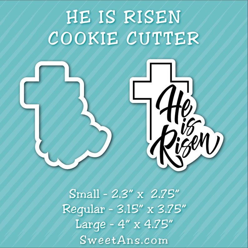 K&ouml;nnte beinhalten: Ein Ausstecher in Form eines Kreuzes mit den Worten "He is Risen" in einer stilisierten Schriftart. Der Ausstecher ist in drei Gr&ouml;&szlig;en erh&auml;ltlich: klein (2,3 Zoll mal 2,75 Zoll), normal (3,15 Zoll mal 3,75 Zoll) und gro&szlig; (4 Zoll mal 4,75 Zoll).