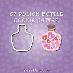 May include: A white outline of a potion bottle cookie cutter next to a filled potion bottle with pink hearts and numbers. The text reads "67 Potion Bottle Cookie Cutter" and "SweetAns.com" on a purple background.