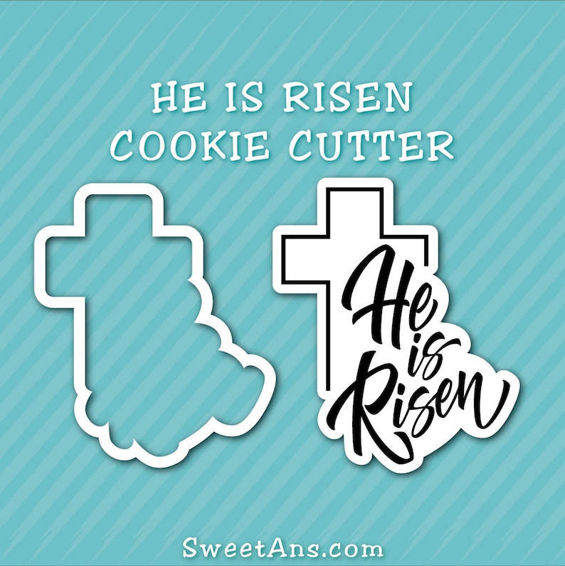 K&ouml;nnte beinhalten: Ein Ausstecher in Form eines Kreuzes mit den Worten "He is Risen" in einer stilisierten Schriftart. Der Ausstecher ist wei&szlig; und die Worte sind schwarz.