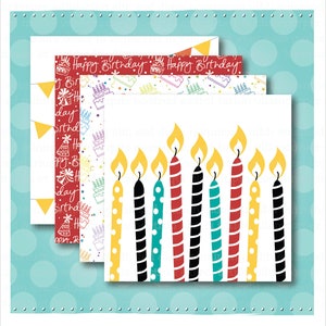 May include: A set of eight printable digital papers featuring birthday themes. The papers feature a variety of colours and patterns, including red, yellow, blue, green, and white. The papers are perfect for creating birthday cards, invitations, party decorations, and more.