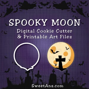 Może przedstawiać: Cyfrowy obraz o tematyce Halloween z napisem "Spooky Moon". Zawiera kontur wykrawacza do ciastek i ilustrację pełni księżyca z nietoperzami, krzyżem i sceną cmentarza. Tło jest fioletowe.