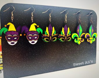 Mardi Gras Earrings – Fleur-de-Lis, Jester, & Mask, Festive Carnival Jewelry Gifts Under 20