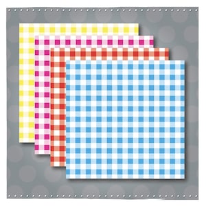 May include: Four square patterned designs in yellow, pink, red, and blue. Each design features a grid of evenly spaced squares. The designs are layered on a gray background with white circles and a dotted border.