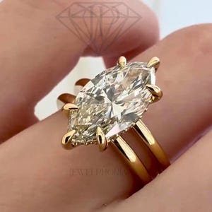 Marquise Diamond Ring| Moissanite| Designer Ring| Double Band Ring| 3 Carat Lab Diamond| Hidden Halo| Claw Setting| 14K Gold| Proposal Ring