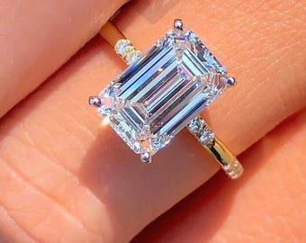 4CT Emerald Cut Moissanite Ring: Hidden Halo, 14K Gold Pave Band