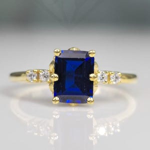 14K Gold Lab Sapphire Ring: Emerald Cut September Birthstone