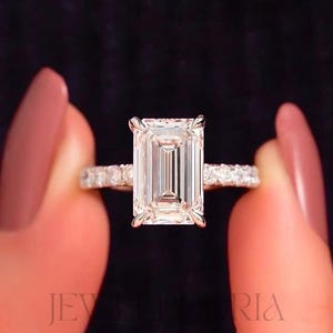 5ct Emerald Cut Moissanite Engagement Ring With Hidden Halo, Pavé Band & Euro Shank, Statement Bridal Ring, Anniversary Promise Gift For Her