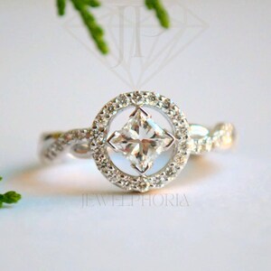 Princess Cut Moissanite Halo Engagement Ring: Twisted Sterling Silver Band