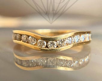 Aliança de casamento curva com moissanita, anel meia-eternidade com cravação em canal, ouro 14K