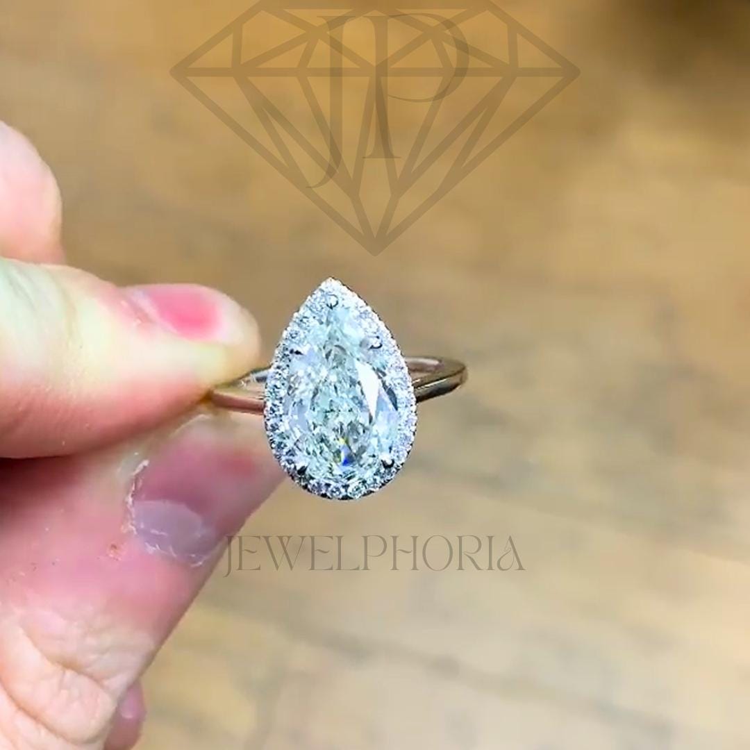 3CT Pear Cut Moissanite Halo Ring, Engagement Ring for Women Promise Ring Anniversary Ring Gift for Her Solitaire Handmade Proposal Ring