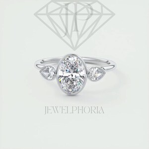Oval Moissanite 3 Stein Ring mit Pear Cut Side Stones Lünette Set für Frauen, Verlobung Jahrestag Hochzeit Versprechen Ring Geschenk Ring für sie