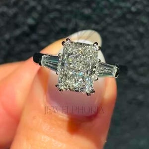 Radiant Cut Moissanite 3 Stone Ring With Tapered Baguette Accents In 14K Gold – Engagement Ring For Women Wedding Anniversary Gift For Her