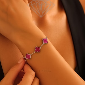 925 Silver Four Leaf Clover Bracelet| Black Onyx or Custom Color Inlay| 7‑Inch Lucky Charm| Affordable Jewellery | Gift for Women & Girls