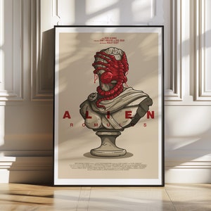 May include: A poster for the movie "Alien: Romulus" featuring a bust of a Roman statue with an alien creature emerging from its head. The creature is red and has multiple legs. The poster is on a beige background with the title "Alien: Romulus" in red letters.