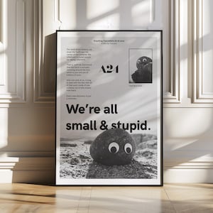 May include: Black framed poster with the text "Everything Everywhere All At Once" and "We're all small & stupid." A24 logo is visible. The poster features a grayscale image of a rock with googly eyes.