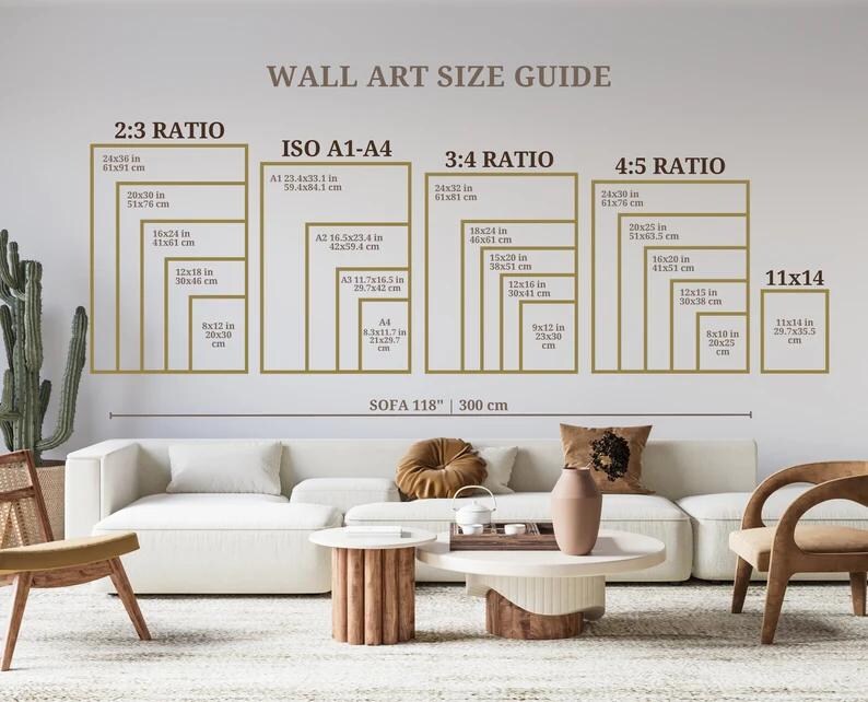 May include: Wall art size guide with dimensions for various ratios, including 2:3, ISO A1-A4, 3:4, and 4:5. Sizes are listed in inches and centimeters. The guide is displayed above a white sofa.
