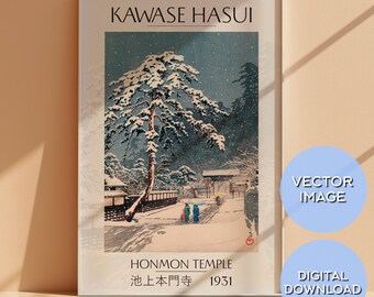 Kawase Hasui Winter Scene Art Print | Japanese Honmon Temple (Digital Download)