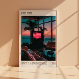 Retro Miami Poster Wohnung am Ocean Drive | Vintage Vektorgrafik | Wandkunst Poster | 80er Jahre | Digitale druckbare Kunst