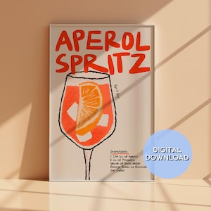 Minimalistisches Aperol Spritz Rezept Kunstdruck - Retro Cocktail Poster, Küchen Dekor, digitaler Download für Hausbar oder Café Wandkunst