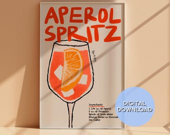 Lámina con receta de Aperol Spritz – Arte de pared retro para cocina y bar (Descarga digital)