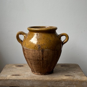 Antique French Yellow Glazed Confit Pot, Vintage French Vessel, Confit Jar, Storage Pot, Utensils Holder, Vintage French Pot, Rustic Decor