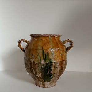 Antique French Yellow Green Glazed Confit Pot, Vintage French Vessel, Confit Jar, Storage Pot, Vintage French Pot, Farmhouse Rustic Decor