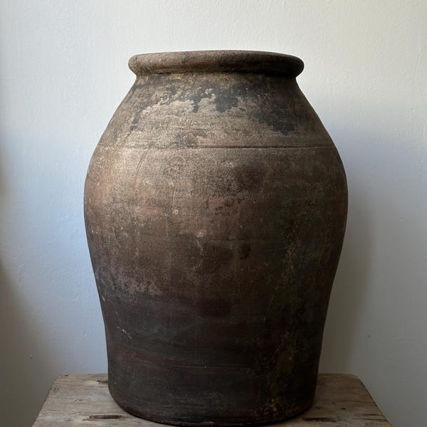 Large Antique Rustic Vessel, Vintage Clay Pot, Urn, Wabi Sabi Vase, Terracotta Olive Jar, Black Pot, Old Pottery, Rustic Primitive Decor