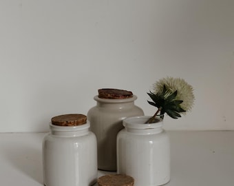 Set of French Stoneware Mustard Pots Lab Lagny, Beige Glazed Storage Pot with Cork, Vintage Gray Pottery Jar, French Country Utensil Holder