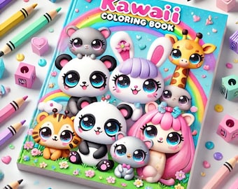 Kawaii Animals Coloring Book | Digital Download Coloring Pages |  For Mobile Devices and Printing | Cute Animals for Kids and Adults | PDF