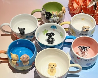 Haustier-Becher mit Haustier-Abbildung handgemachter keramischer Becher Peekaboo-Haustier-Becher-Gedenkgeschenk für Haustier-Besitzer personifizierter Hund/Katze innerhalb Becher-Kaffeetasse