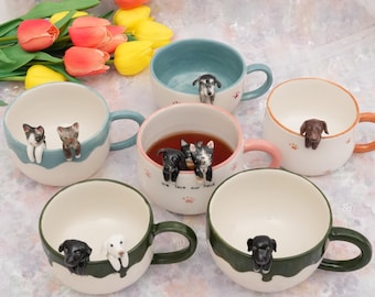 Haustier-Becher mit Haustier-Abbildung handgemachter keramischer Becher Peekaboo-Haustier-Becher-Gedenkgeschenk für Haustier-Besitzer personifizierter Hund/Katze innerhalb Becher-Kaffeetasse