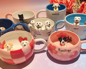 Aangepaste huisdiermok met huisdierfiguur Handgemaakte keramische mok Kiekeboe huisdiermok herdenkingscadeau voor eigenaren van gezelschapsdieren Gepersonaliseerde hond/kat in mok Koffiekopje
