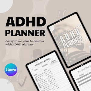 May include: A digital planner with the text "ADHD Planner" on the cover. The planner includes sections for tracking daily behavior, mood, and sleep. The planner is designed to help people with ADHD manage their symptoms and improve their daily lives.