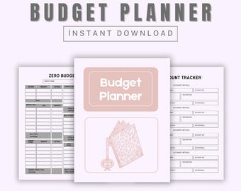 May include: A printable budget planner with a pink and white color scheme. The planner includes a zero budget worksheet, a budget tracker, and an account tracker. The image also includes a stylized illustration of a book with a key.