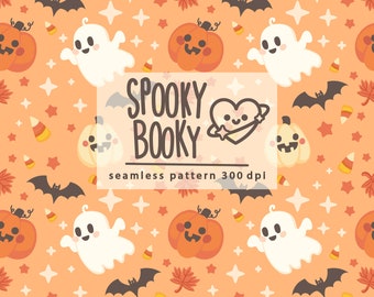 May include: A seamless pattern featuring a variety of Halloween-themed elements, including pumpkins, ghosts, bats, stars, and candy corn. The text "SPOOKY BOOKY" is featured in the center of the pattern, along with the text "seamless pattern 300 dpi". The background is a light orange color.
