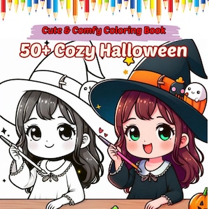 Bold and Easy Coloring Book, Cozy Kawaii Halloween Scenes Coloring Pages, Cute Creepy Halloween Coloring, Relaxing Activity for Adults