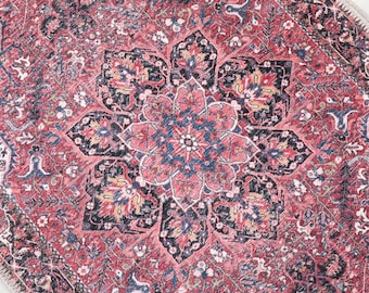 Pink & Blue Vintage Style Washable Rug: Oriental Boho Decor