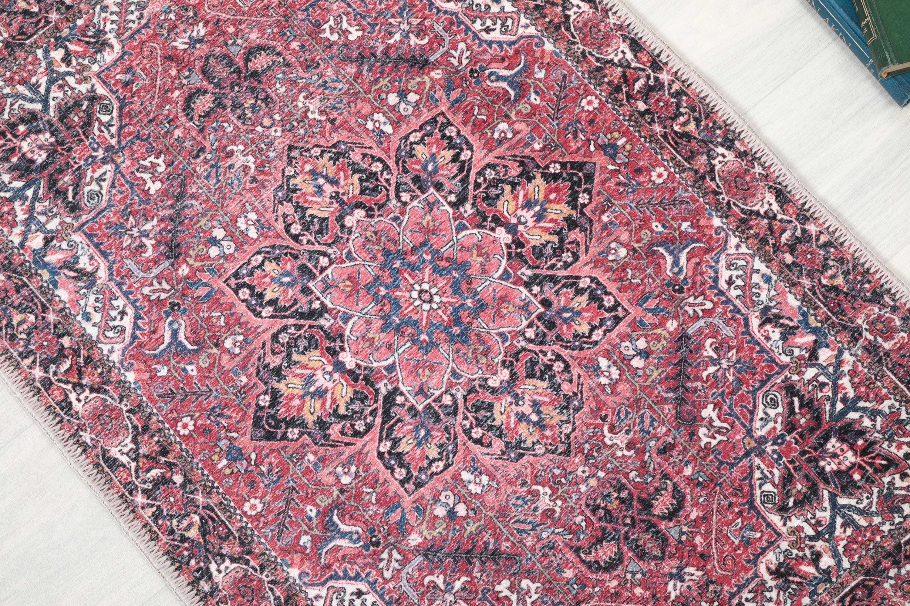 Pink & Blue Vintage Style Washable Rug: Oriental Boho Decor