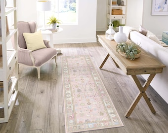 Vintage Turkish Oushak Rug: Floral Pastel Pink & Blue Area Rug