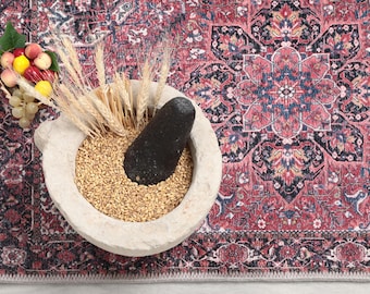Pink Blue Vintage Turkish Rug: Washable Oriental Oushak Style
