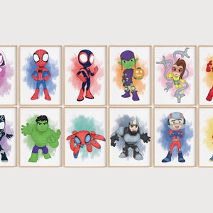 Bright Colorful Spidey & Friends Wall Art with Watercolor Splatter, Choice of up to 12 Prints, Boys Playroom Decor, Superhero Nursery Art