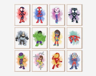 Spider Hero Friends Watercolor Wall Art Set of 12