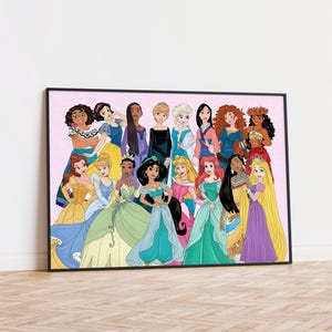 May include: A rectangular framed wall art print featuring a group of seventeen animated female characters in colorful dresses and outfits, arranged against a light pink background. The characters display various hair colors, styles, and clothing designs.