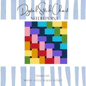 May include: A digital needlepoint stitch chart featuring a woven pattern of multicolored rectangles in shades of yellow, orange, red, pink, purple, blue, and green. Text reads Digital Stitch Chart NEEDLEPOINT and FINISHED SIZE 18MESH- 5.0"X5.0" 13 MESH- 6.9"X6.9".