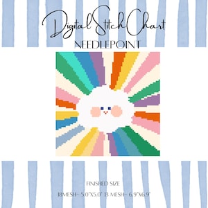 May include: A digital needlepoint stitch chart featuring a central white cloud with a small face, surrounded by radiating colourful stripes in yellow, orange, pink, green, and blue. Text reads Digital Stitch Chart NEEDLEPOINT, 18MESH- 5.0"X5.0" 13 MESH- 6.9"X6.9".
