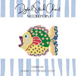 May include: Digital stitch chart for needlepoint featuring a colorful pixelated fish design. The fish has a yellow body, green and pink accents, and blue details. Finished sizes are 5.5"x5.5" and 4.2"x4.2".