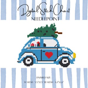 May include: A digital needlepoint chart featuring a blue pixelated car with a Christmas tree on top and a red heart on the side. The text "Digital Stitch Chart" and "Needlepoint" are at the top. Finished size is 5.5"x5.5" for 14 mesh and 4.2"x4.2" for 18 mesh.