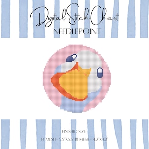 Könnte beinhalten: Ein digitales Stickmuster mit einem Cartoon-Enten-Design. Die Ente hat einen rosa Kopf, einen gelben Schnabel und blaue und weiße Akzente. Der Text "Digital Stitch Chart NEEDLEPOINT" steht oben. Fertige Größe: 14 cm x 14 cm oder 10,7 cm x 10,7 cm.