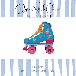 May include: Digital stitch chart for a needlepoint project featuring a pixelated roller skate. The skate is turquoise with orange laces, pink wheels, and yellow lightning bolts. The finished size is 5.5"x5.5" for 13 mesh and 4.2"x4.2" for 18 mesh.